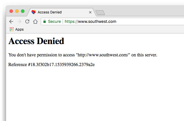 Screenshot: Stránka Soutwest Airlines odmietnutá.