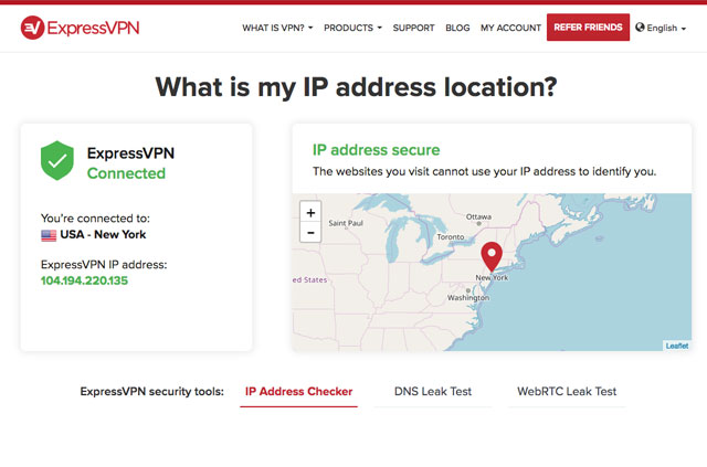 צילום מסך: עמוד ה- IP של ExpressVPN. אם אתה מופיע בארה