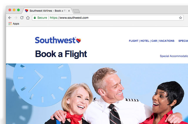 Снимка на екрана: Страницата за резервации на Southwest Airlines. Вземете бюджетни полети в чужбина с ExpressVPN.