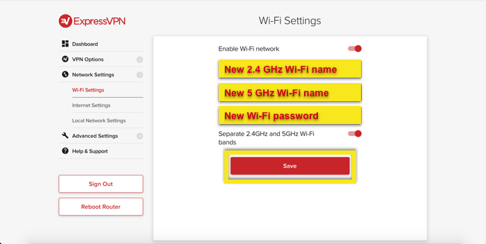 نام و رمز جدید Wi-Fi را وارد کنید.