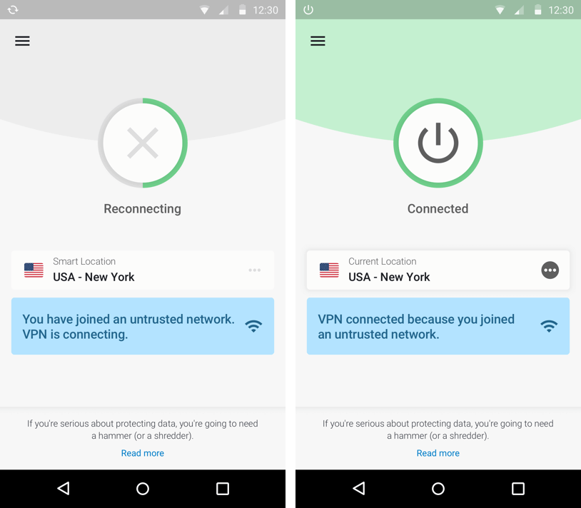 Aplikasi ExpressVPN Android terhubung di jaringan yang tidak terpercaya.