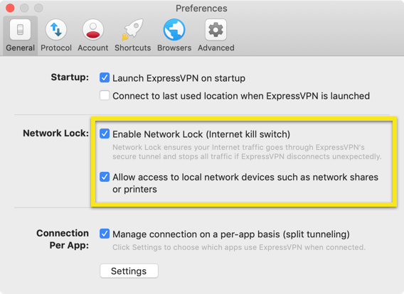 Pengaturan Kunci Jaringan di aplikasi ExpressVPN Mac.