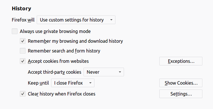 Firefox geçmiş koruma seçenekleri.