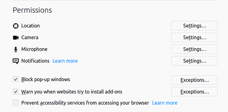 Firefox izin seçenekleri.