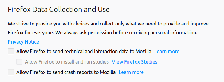 Firefox veri toplama seçenekleri.