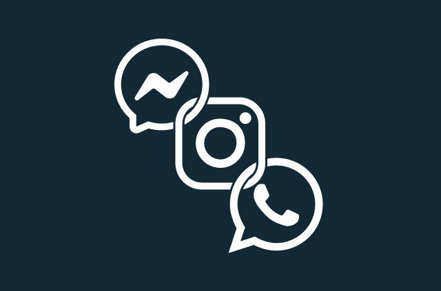 Логотата на Facebook Messenger, Instagram и WhatsApp са свързани помежду си.