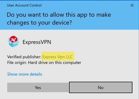 ודא שאפליקציית Windows ExpressVPN היא של Express Vpn LLC.