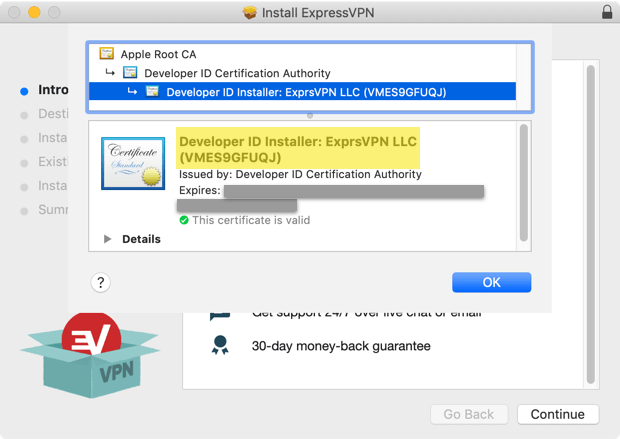האישור עבור מתקין האפליקציות של ExpressVPN Mac.