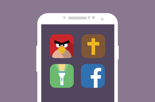 Ikon aplikasi Angry Birds, Holy Bible, Facebook, dan Flashlight.