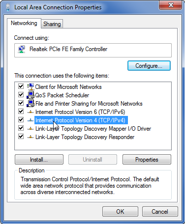 پنجره ویژگی های اتصال محلی ویندوز با پروتکل اینترنت نسخه 4 انتخاب شده است.
