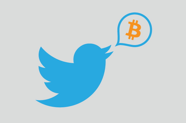 Икона на Twitter туитира лого на Bitcoin от устата си.
