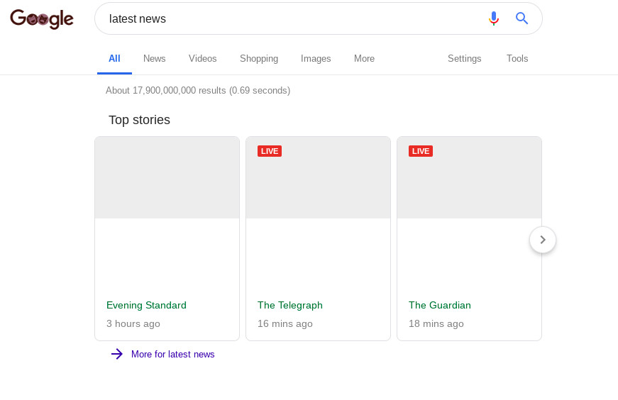 Snímka obrazovky služby Google News, ktorá zobrazuje prázdne úryvky.