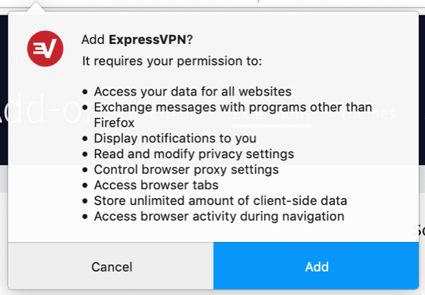 Skrin kebenaran pelanjutan ExpressVPN Firefox.