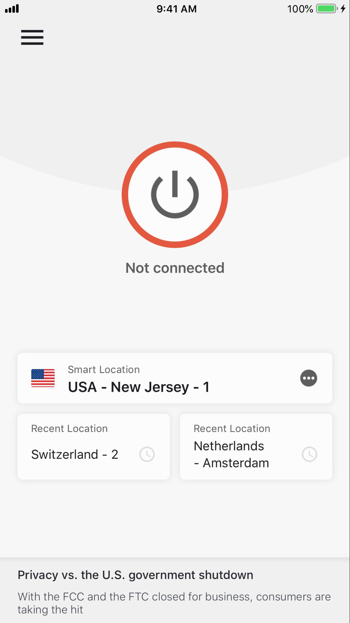 Posnetek zaslona za zamenjavo lokacije v aplikaciji ExpressVPN za iOS.