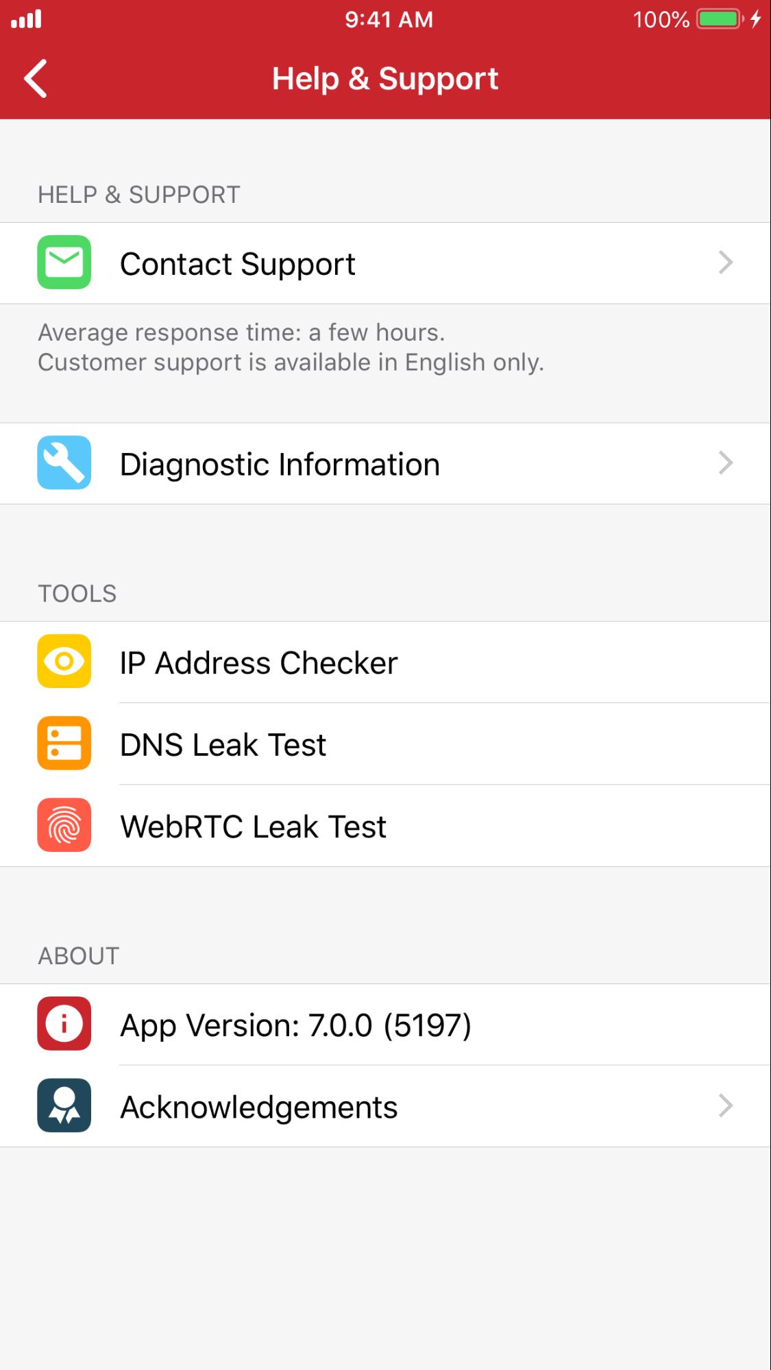 צילום מסך של מסך העזרה והתמיכה באפליקציה של ExpressVPN עבור iOS.