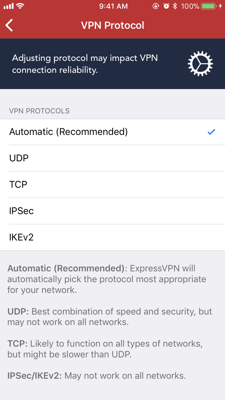 스크린 샷 : 자동 VPN 프로토콜 옵션을 클릭하십시오.