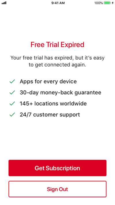 Percubaan percuma ExpressVPN iOS tamat tempoh.