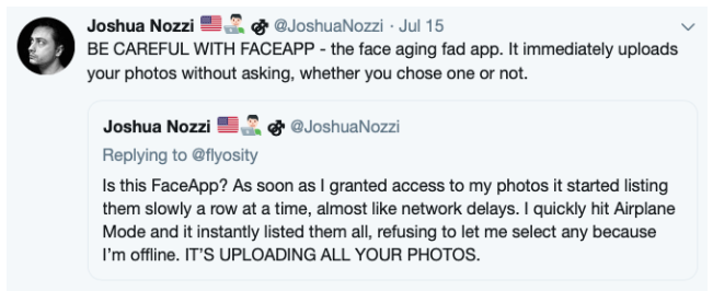Faceapp hakkında silinen Joshua Nozzi Tweet.