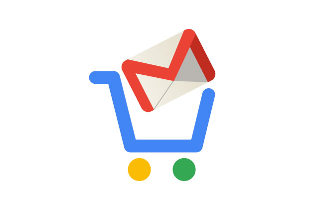 Google iepirkumu grozs ar Gmail logotipu groza iekšpusē.