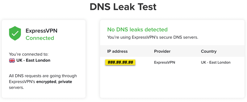 „ExpressVPN DNS“ nuotėkio bandymo puslapis.