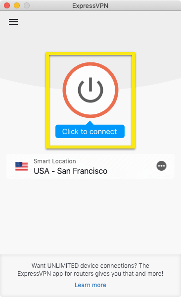 Klik untuk menghubungkan ExpressVPN di Mac.