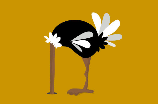 Satu ilustrasi burung unta yang menguburkan kepala kecilnya di dalam pasir.