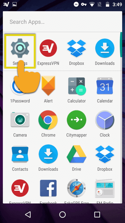 Menu Android, dengan ikon Tetapan diserlahkan