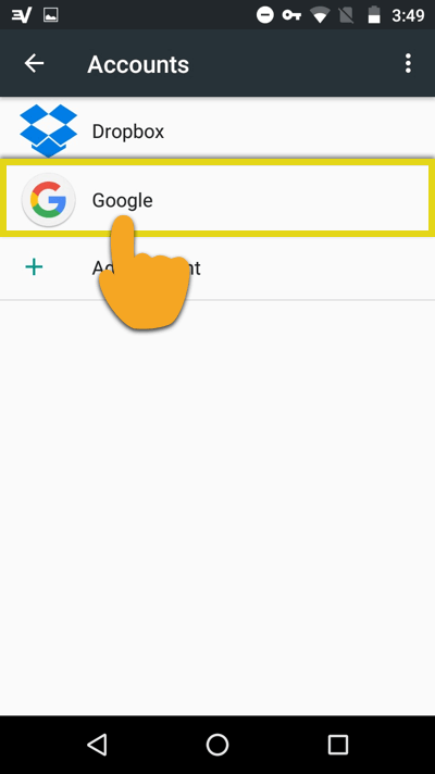 Menu Akaun Android, dengan disorot Google