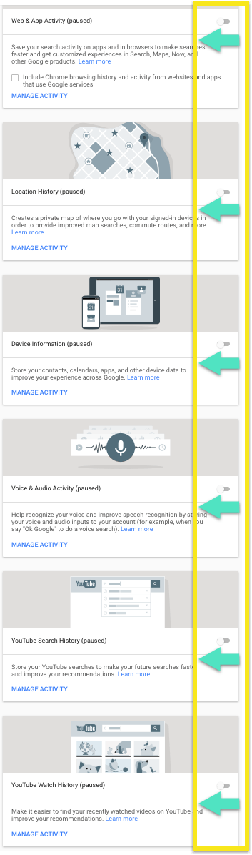Google aktivitāšu ekrānu sērija ar katru pārslēgšanas iestatījumu uz