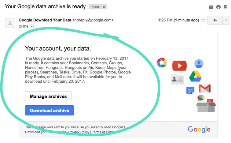 Google은 보관 파일을 다운로드 할 수있는 링크가 포함 된 이메일을 보냈습니다.