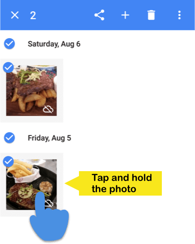 Zaslon Google Photos, ki prikazuje, kako izbrati fotografije za brisanje.