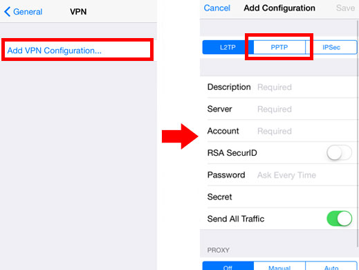 صفحه های iOS نمایش پیکربندی اضافه کردن VPN ... دنباله و برجسته کردن برگه PPTP