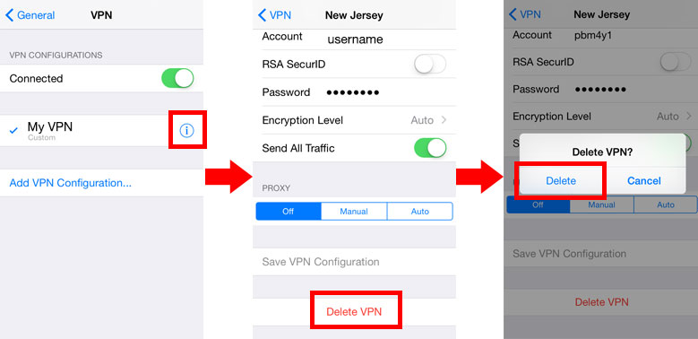 Obrazovky VPN so zvýraznenými tlačidlami Odstrániť VPN
