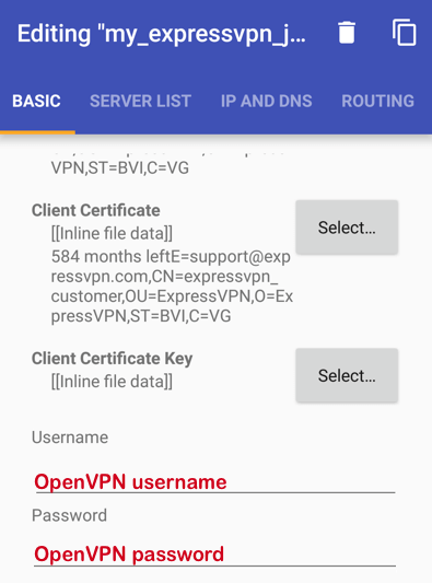 رمزعبور نام کاربری openvpn اندرویدی