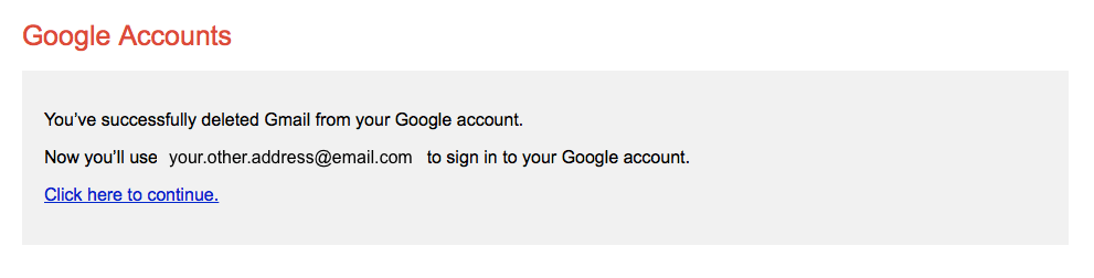 Google kontu ziņojums, kas apstiprina Gmail, ir izdzēsts.