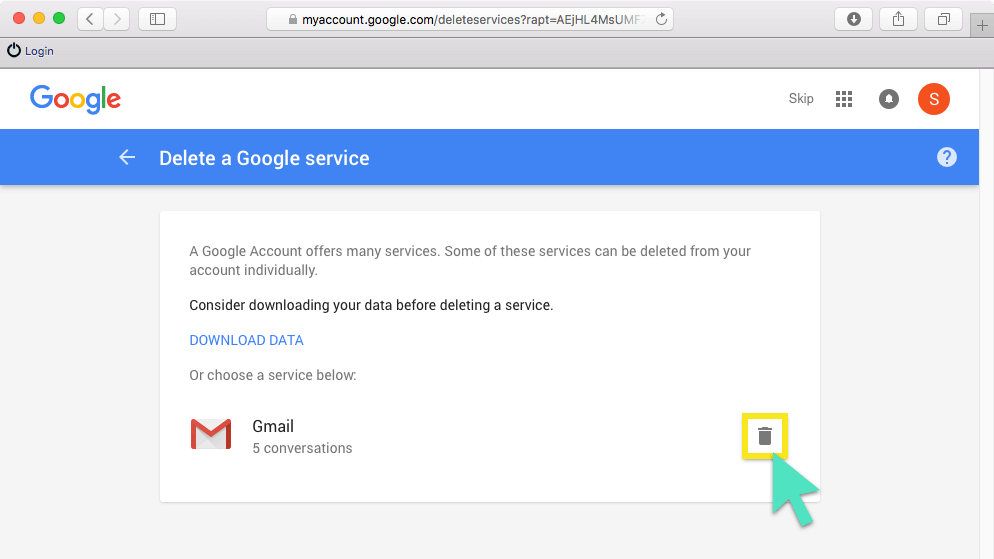 Ištrinkite „Google“ paslaugų ekraną su paryškintu šiukšliadėžės mygtuku.