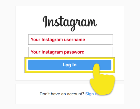 Halaman log masuk Instagram dengan butang Log masuk yang diserlahkan.