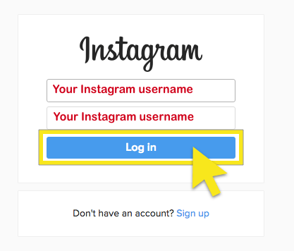 Instagram pieteikšanās lapa ar iezīmēto pogu Pieteikšanās.