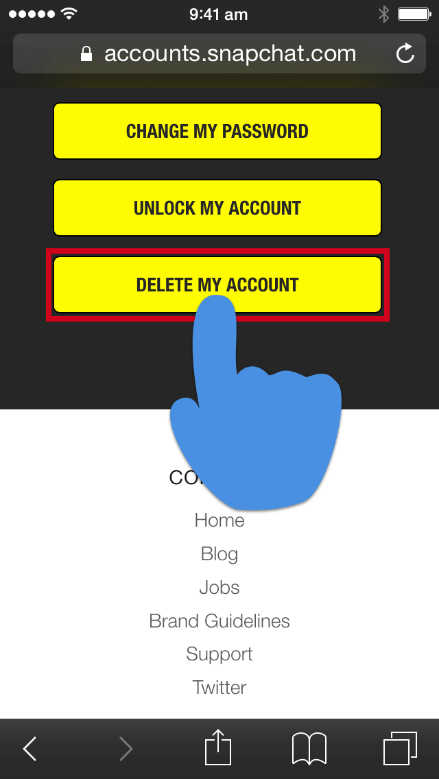 עמוד חשבונות Snapchat עם כפתור מחק את החשבון שלי מודגש.