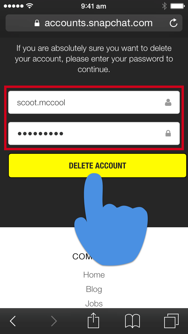 صفحه تأیید حساب Snapchat با دکمه Delete Account برجسته شده است.