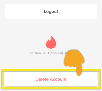 صفحه تنظیمات Tinder با دکمه Delete Account برجسته شده است.