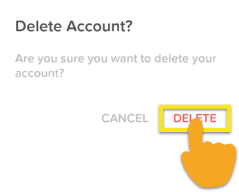 Zaslon za potrditev računa Tinder z označenim gumbom Delete.