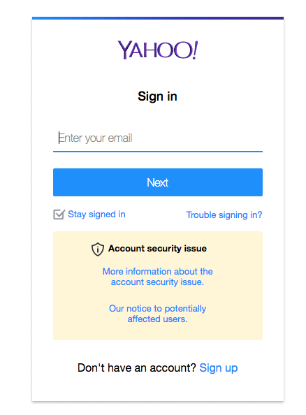 Skrin log masuk Yahoo.