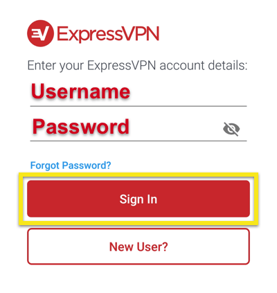 Skrin Pendaftaran ExpressVPN yang menunjukkan nama pengguna dan kata laluan dengan butang Masuk disorot.