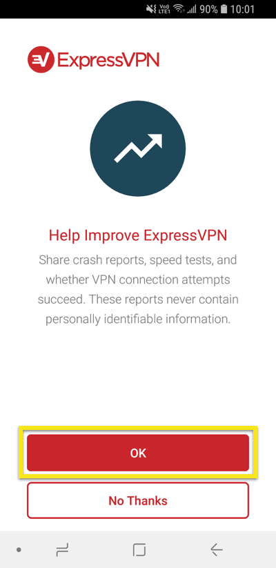 Permintaan berbagi diagnostik ExpressVPN dengan tombol OK disorot.