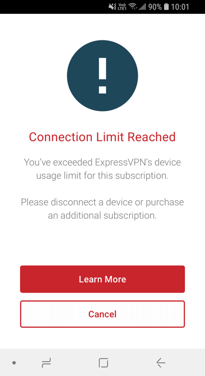 صفحه نمایش ExpressVPN که حد اتصال به آن رسیده است نشان داده شده است.