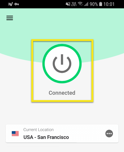Android 용 ExpressVPN 앱을 연결 해제하려면 누릅니다.