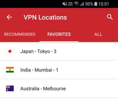 Tab kegemaran dalam aplikasi Android ExpressVPN.