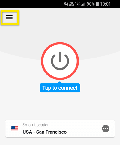 ExpressVPN Android 앱에서 햄버거 메뉴를 누릅니다.
