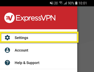 설정이 강조 표시된 ExpressVPN 정보 메뉴.